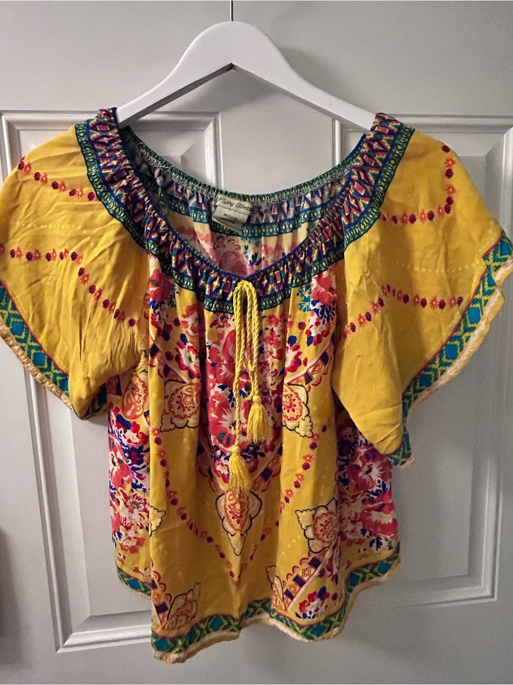 Flying Tomato Yellow Floral Boho Peasant Top with Tassel Tie